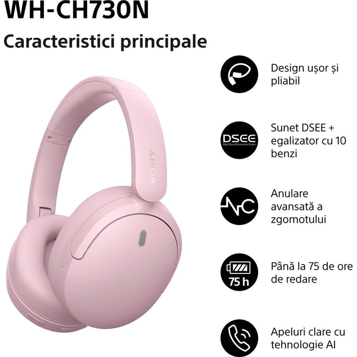 Casti SONY WH-CH730NP, Bluetooth, Over-Ear, Microfon, Noise Cancelling, roz WALTI