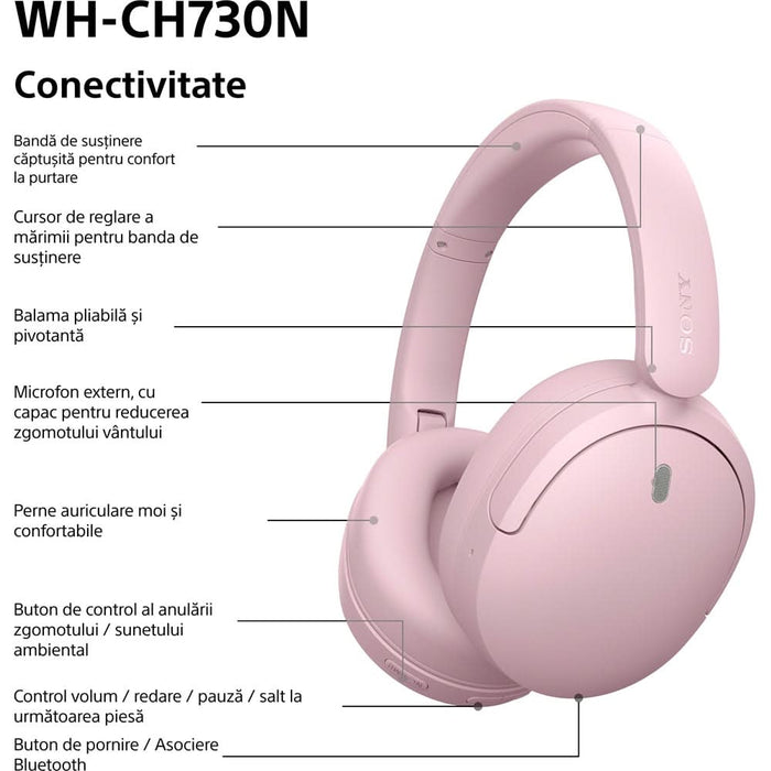 Casti SONY WH-CH730NP, Bluetooth, Over-Ear, Microfon, Noise Cancelling, roz WALTI