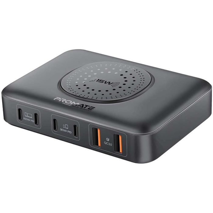 Statie incarcare wireless PROMATE PowerBase-GaN100, 4xUSB-C Power Delivery 30W-100W, 2xUSB-A Quick Charge 30W, Wireless 15W, negru WALTI
