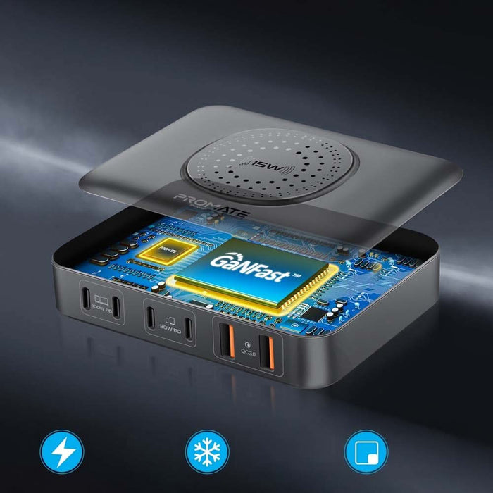 Statie incarcare wireless PROMATE PowerBase-GaN100, 4xUSB-C Power Delivery 30W-100W, 2xUSB-A Quick Charge 30W, Wireless 15W, negru WALTI