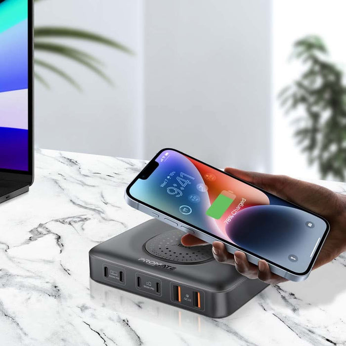 Statie incarcare wireless PROMATE PowerBase-GaN100, 4xUSB-C Power Delivery 30W-100W, 2xUSB-A Quick Charge 30W, Wireless 15W, negru WALTI