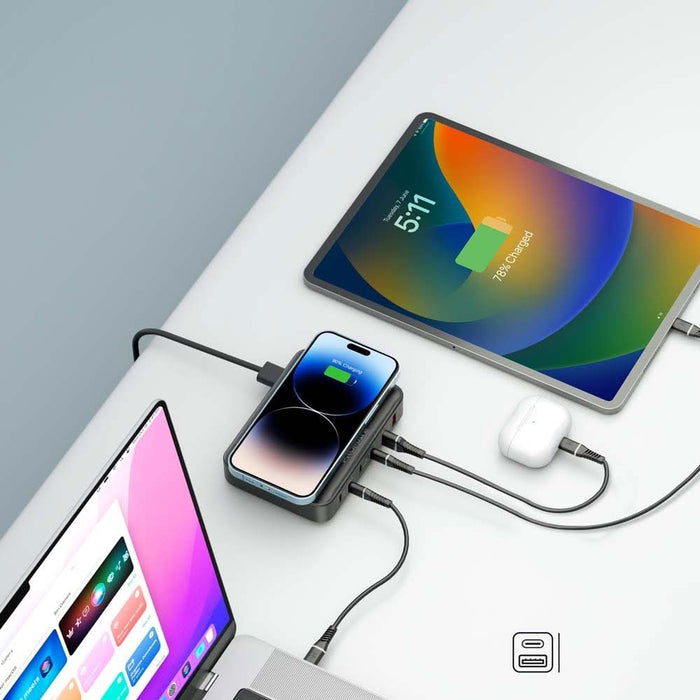 Statie incarcare wireless PROMATE PowerBase-GaN100, 4xUSB-C Power Delivery 30W-100W, 2xUSB-A Quick Charge 30W, Wireless 15W, negru WALTI