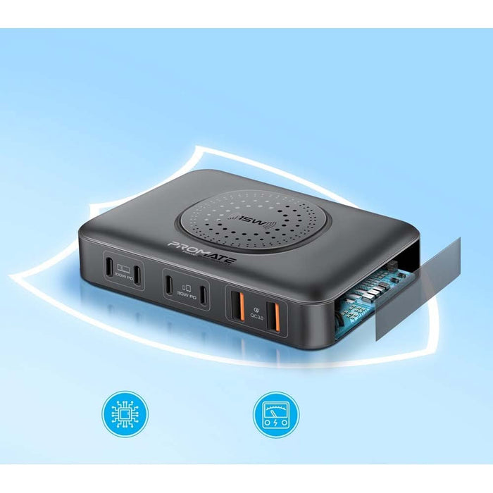 Statie incarcare wireless PROMATE PowerBase-GaN100, 4xUSB-C Power Delivery 30W-100W, 2xUSB-A Quick Charge 30W, Wireless 15W, negru WALTI
