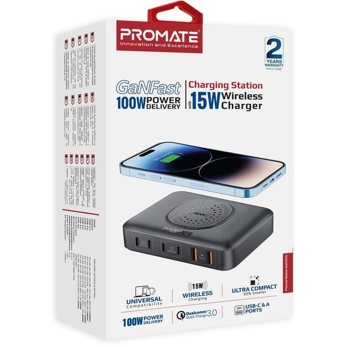 Statie incarcare wireless PROMATE PowerBase-GaN100, 4xUSB-C Power Delivery 30W-100W, 2xUSB-A Quick Charge 30W, Wireless 15W, negru WALTI