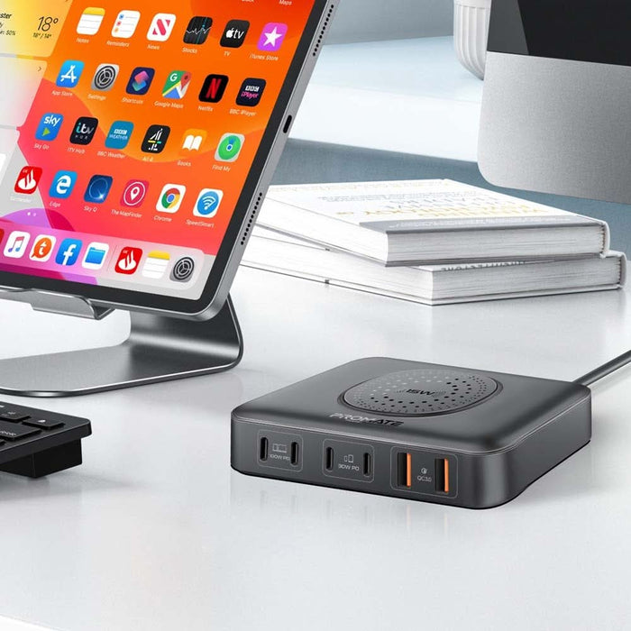 Statie incarcare wireless PROMATE PowerBase-GaN100, 4xUSB-C Power Delivery 30W-100W, 2xUSB-A Quick Charge 30W, Wireless 15W, negru WALTI