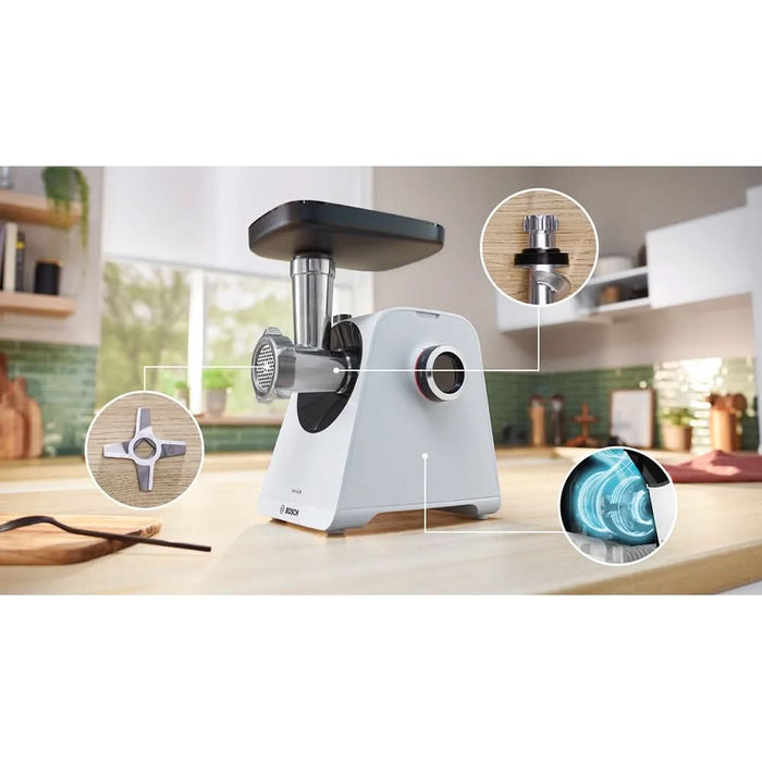 Masina de tocat carne BOSCH MFWS420W, 2.5kg/min, 1900W, accesoriu carnati/kebbe, alb-negru WALTI