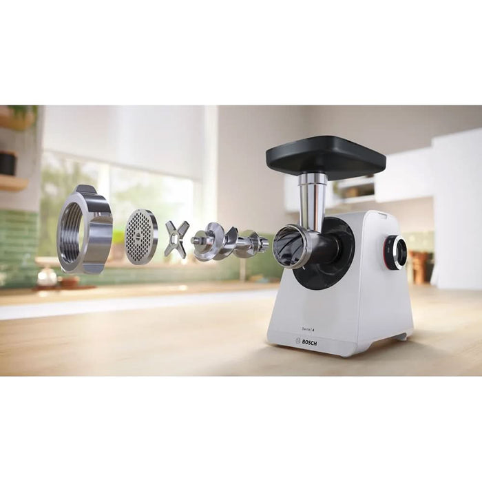 Masina de tocat carne BOSCH MFWS420W, 2.5kg/min, 1900W, accesoriu carnati/kebbe, alb-negru WALTI