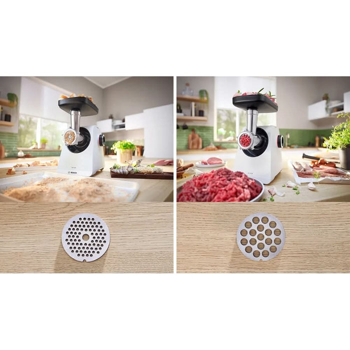 Masina de tocat carne BOSCH MFWS420W, 2.5kg/min, 1900W, accesoriu carnati/kebbe, alb-negru WALTI