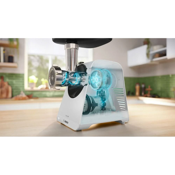 Masina de tocat carne BOSCH MFWS420W, 2.5kg/min, 1900W, accesoriu carnati/kebbe, alb-negru WALTI