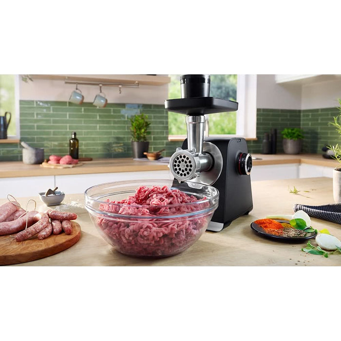 Masina de tocat carne BOSCH ProPower MFWS682B, 3.5kg/min, 2100W, accesoriu carnati/fursecuri/storcator citrice, negru-argintiu WALTI