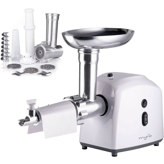 Masina de tocat carne MYRIA MY4075, 0.5kg/min, 1200W, accesoriu carnati/suc de rosii/kebbe, alb-gri - WALTI WALTI