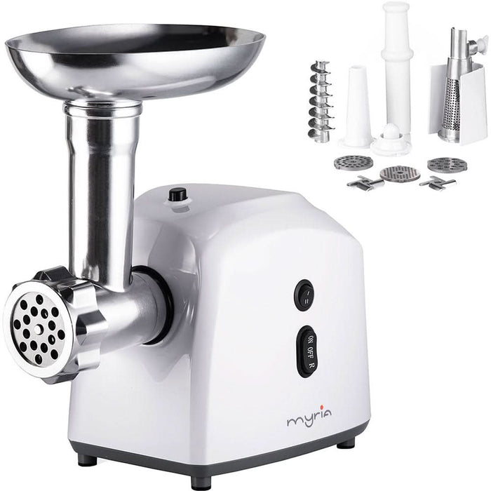 Masina de tocat carne MYRIA MY4075, 0.5kg/min, 1200W, accesoriu carnati/suc de rosii/kebbe, alb-gri - WALTI WALTI