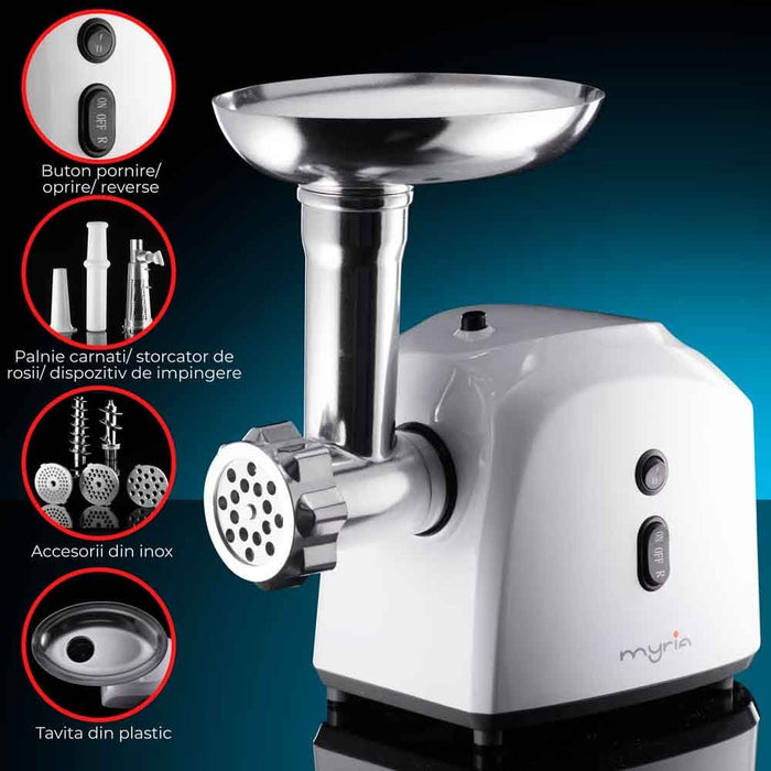 Masina de tocat carne MYRIA MY4075, 0.5kg/min, 1200W, accesoriu carnati/suc de rosii/kebbe, alb-gri - WALTI WALTI