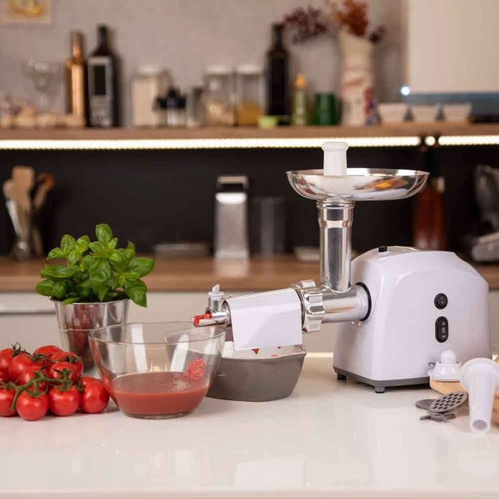Masina de tocat carne MYRIA MY4075, 0.5kg/min, 1200W, accesoriu carnati/suc de rosii/kebbe, alb-gri - WALTI WALTI