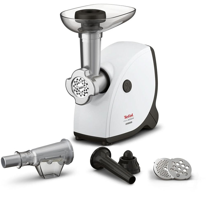 Masina de tocat carne TEFAL NE463138, 2.3kg/min, 2000W, accesoriu carnati/suc de rosii/kebbe, alb-negru WALTI