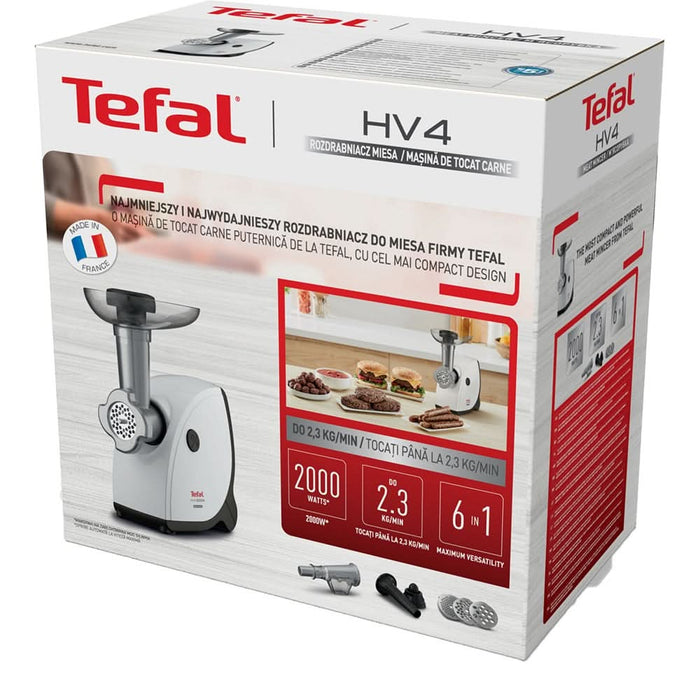Masina de tocat carne TEFAL NE463138, 2.3kg/min, 2000W, accesoriu carnati/suc de rosii/kebbe, alb-negru WALTI