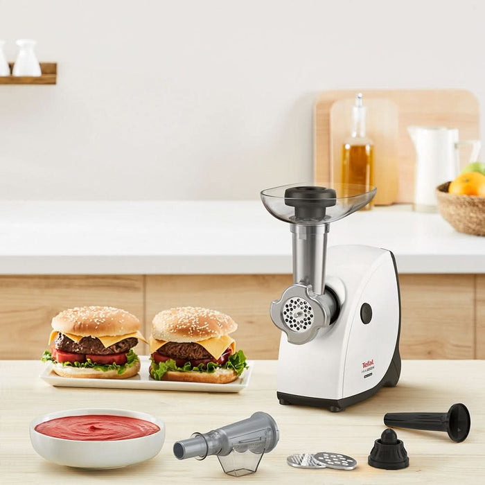 Masina de tocat carne TEFAL NE463138, 2.3kg/min, 2000W, accesoriu carnati/suc de rosii/kebbe, alb-negru WALTI