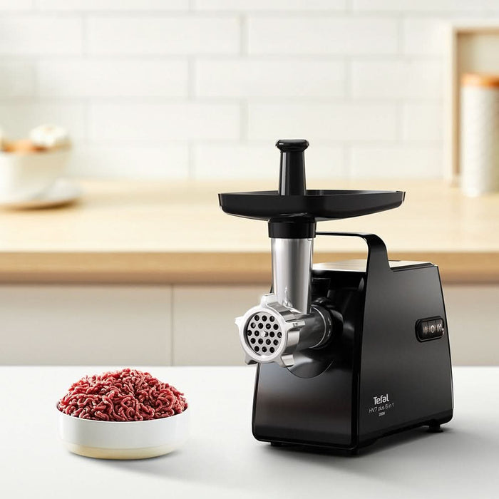 Masina de tocat carne TEFAL NE553838, 2.8kg/min, 2000W, accesoriu carnati/suc de rosii/kebbe, negru WALTI
