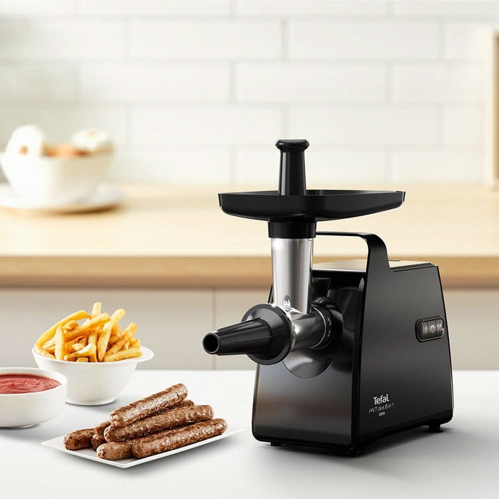 Masina de tocat carne TEFAL NE553838, 2.8kg/min, 2000W, accesoriu carnati/suc de rosii/kebbe, negru WALTI