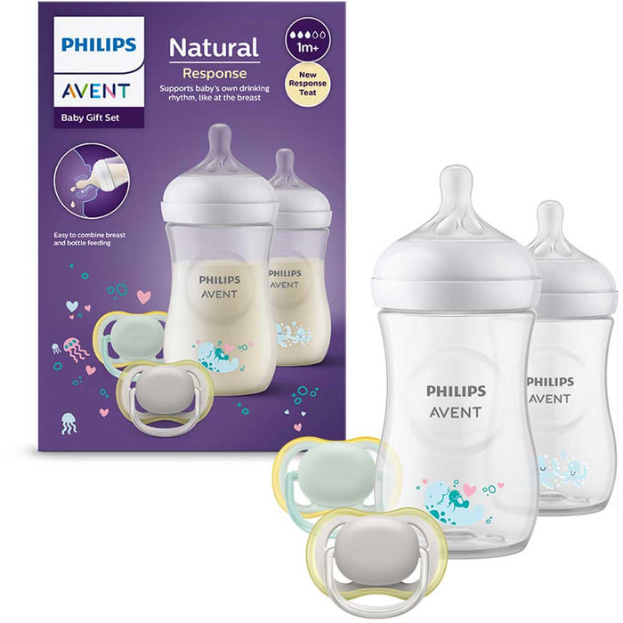 Set PHILIPS AVENT Natural Response SCD837/11: 2 biberoane 260ml + 2 suzete, flux lent, 0-6 luni, multicolor WALTI