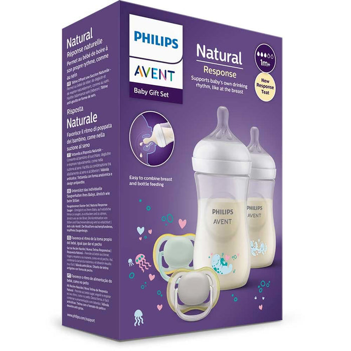Set PHILIPS AVENT Natural Response SCD837/11: 2 biberoane 260ml + 2 suzete, flux lent, 0-6 luni, multicolor WALTI