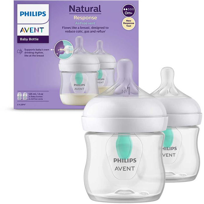 Set 2 biberoane cu dispozitiv anticolici PHILIPS AVENT Natural Response AirFree SCY670/02, flux nou-nascut, 0 luni+, 125ml, alb-verde WALTI