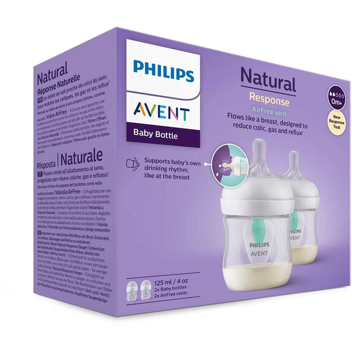 Set 2 biberoane cu dispozitiv anticolici PHILIPS AVENT Natural Response AirFree SCY670/02, flux nou-nascut, 0 luni+, 125ml, alb-verde WALTI
