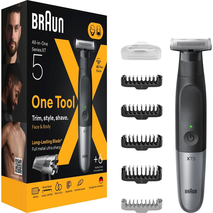 Aparat hibrid de barbierit si tuns barba BRAUN Series X XT5100, Wet&Dry, 45 min autonomie, 1 element de taiere, husa, negru-gri WALTI