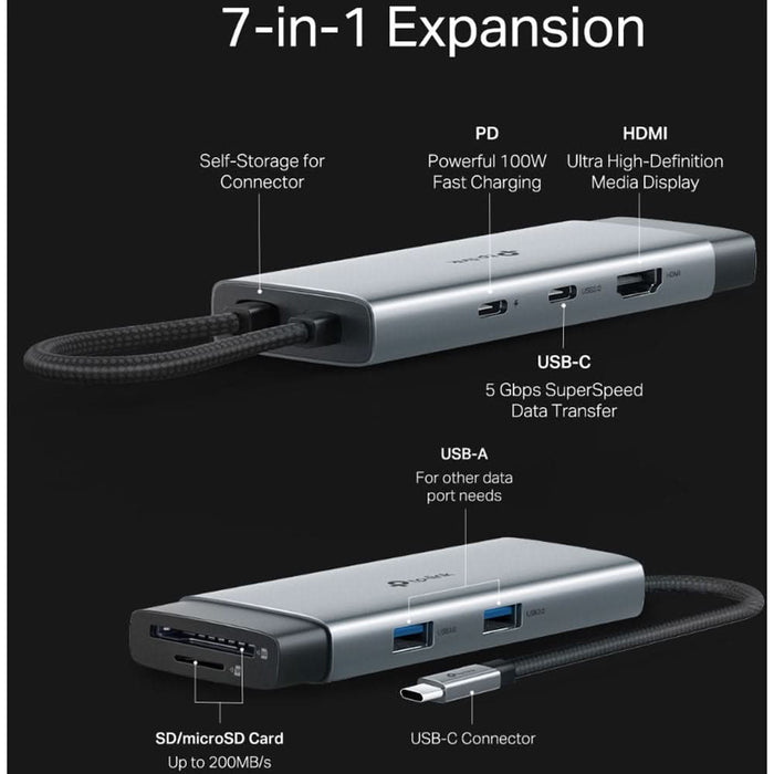 Hub USB TP-LINK UH7020C, USB Type-C, argintiu-negru WALTI