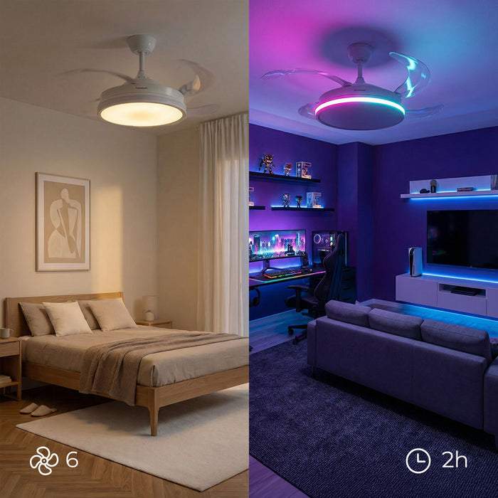 Ventilator de tavan cu lumină LED RGB, 4 pale retractabile și telecomandă InnovaGoods - WALTI WALTI