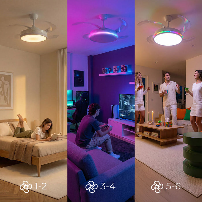 Ventilator de tavan cu lumină LED RGB, 4 pale retractabile și telecomandă InnovaGoods - WALTI WALTI