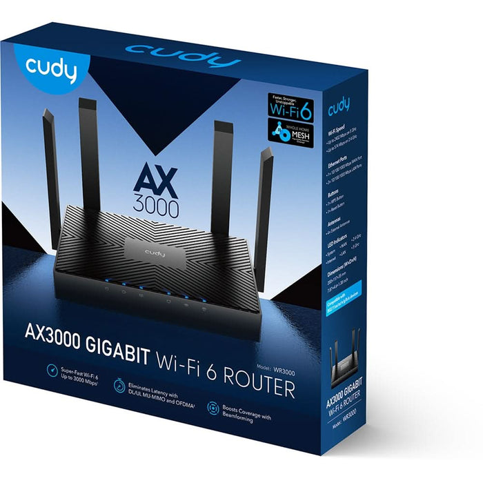 Router Wireless Gigabit CUDY WR3000 AX3000, Wi-Fi 6, Dual-Band 574 + 2402 Mbps, negru WALTI