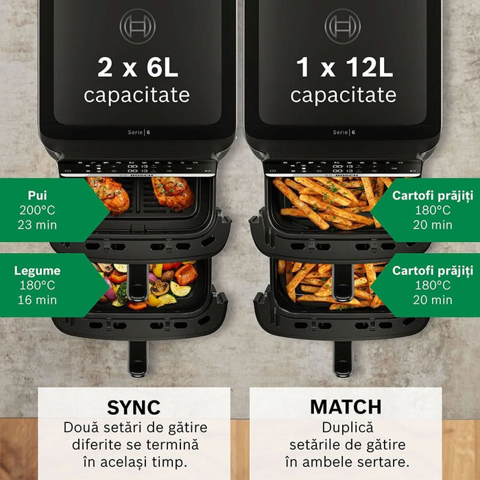 Friteuza cu aer cald dubla BOSCH Seria 6 MAFD661B4, 12l, 2800W, negru - WALTI WALTI
