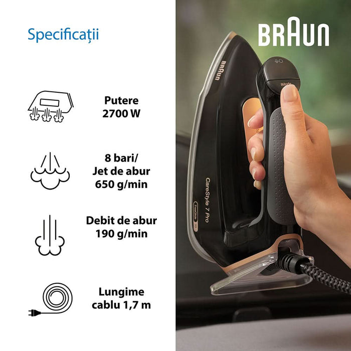 Statie de calcat BRAUN CareStyle 7 Pro IS7286, 2700W, 650g/min, 2l, talpa EloxalPlus, negru-auriu - WALTI WALTI