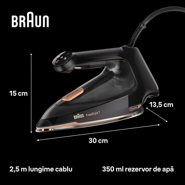Fier de calcat BRAUN FreeStyle 7 FI7276BK, 2000W, 250g/min, 350ml, talpa EloxalPlus, negru WALTI