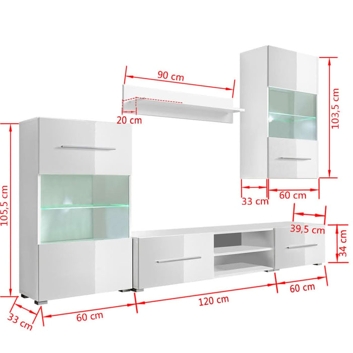 Set mobilier comodă TV de perete, 5 piese, iluminare LED, alb - WALTI WALTI