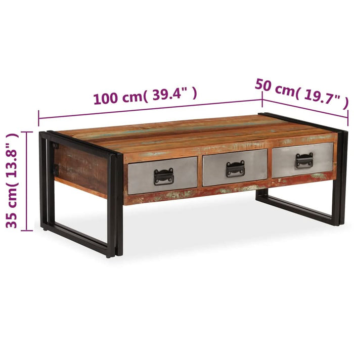 Măsuță de cafea cu 3 sertare, 100x50x35 cm, lemn masiv reciclat - WALTI WALTI