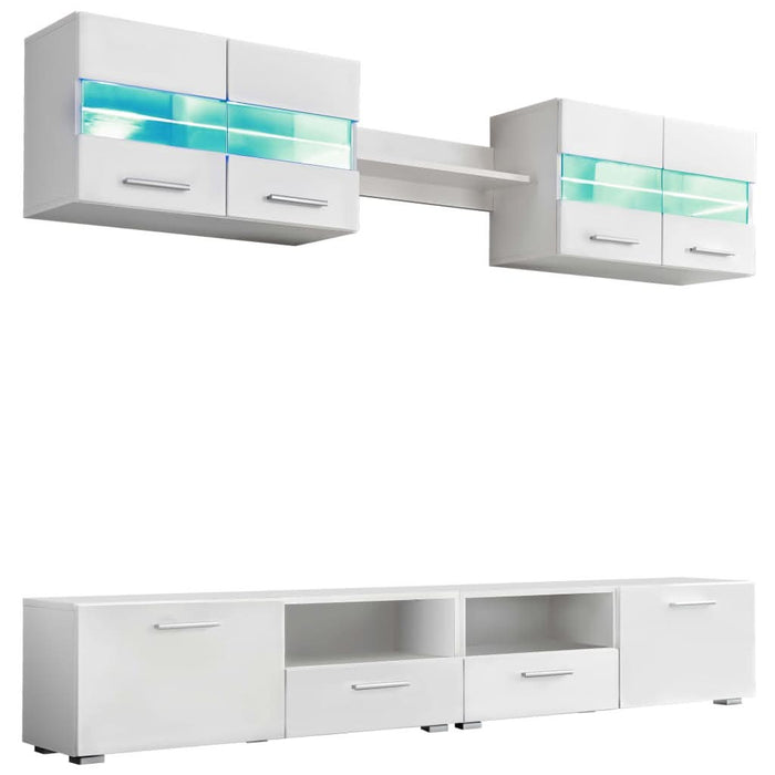 Set comodă TV de perete, 5 piese, lumini LED, alb lucios - WALTI WALTI