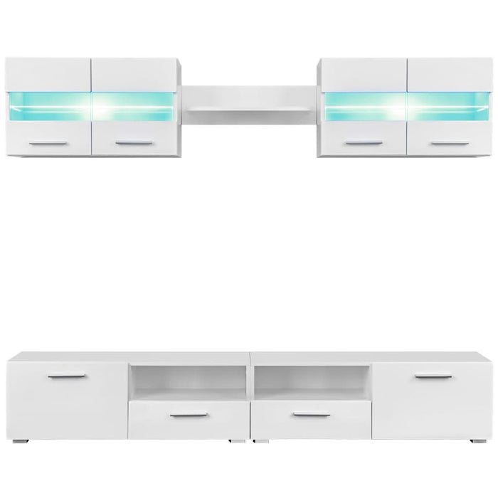 Set comodă TV de perete, 5 piese, lumini LED, alb lucios - WALTI WALTI