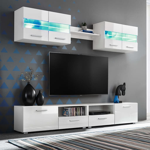 Set comodă TV de perete, 5 piese, lumini LED, alb lucios - WALTI WALTI