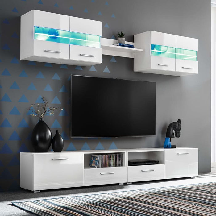 Set comodă TV de perete, 5 piese, lumini LED, alb lucios - WALTI WALTI