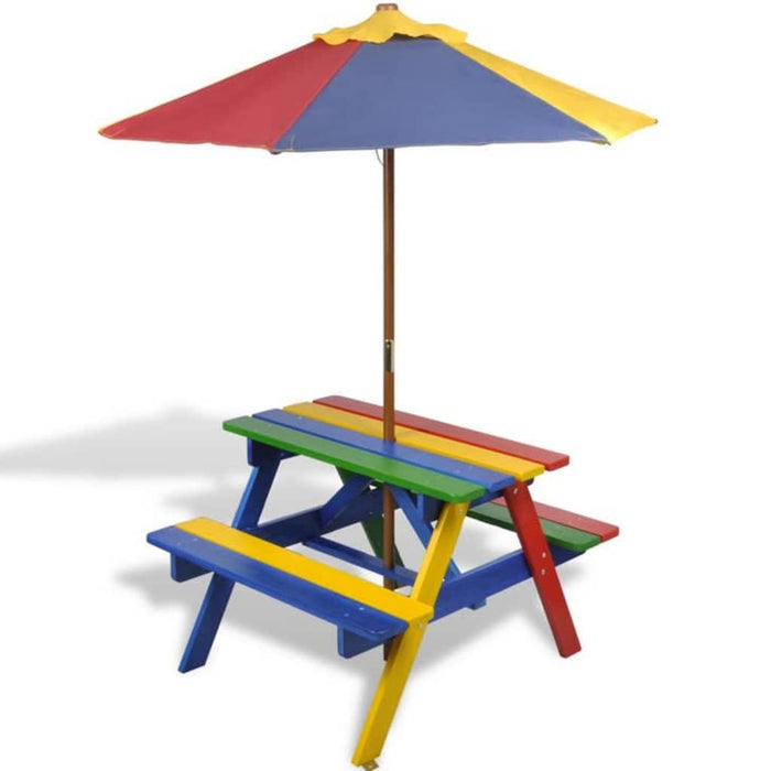Masă de picnic pentru copii cu bănci &amp; umbrelă, lemn multicolor - WALTI WALTI