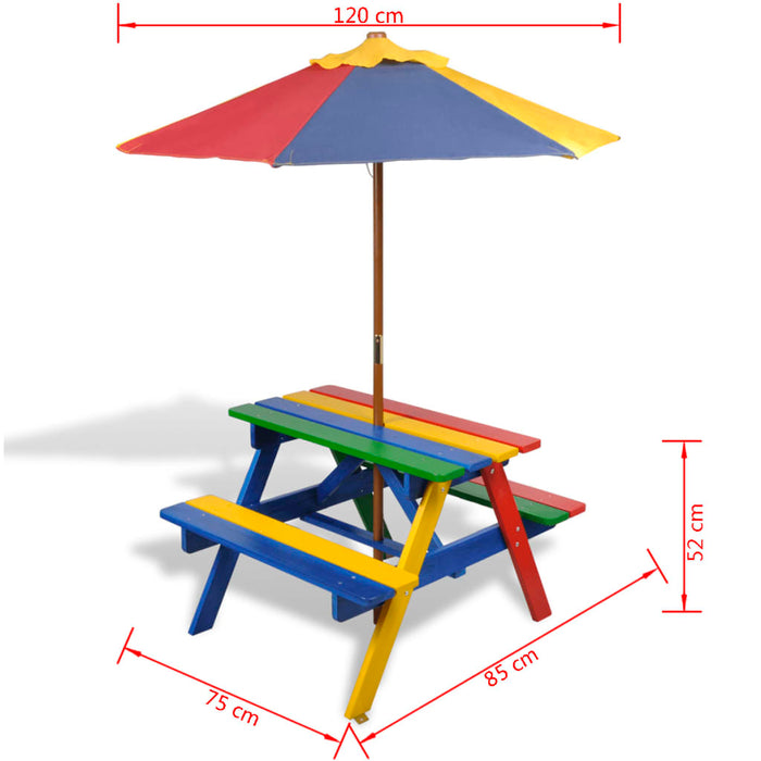 Masă de picnic pentru copii cu bănci &amp; umbrelă, lemn multicolor - WALTI WALTI