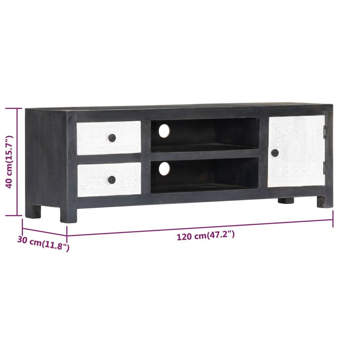 Comodă TV sculptată manual gri&alb 120x30x40cm lemn masiv mango - WALTI WALTI