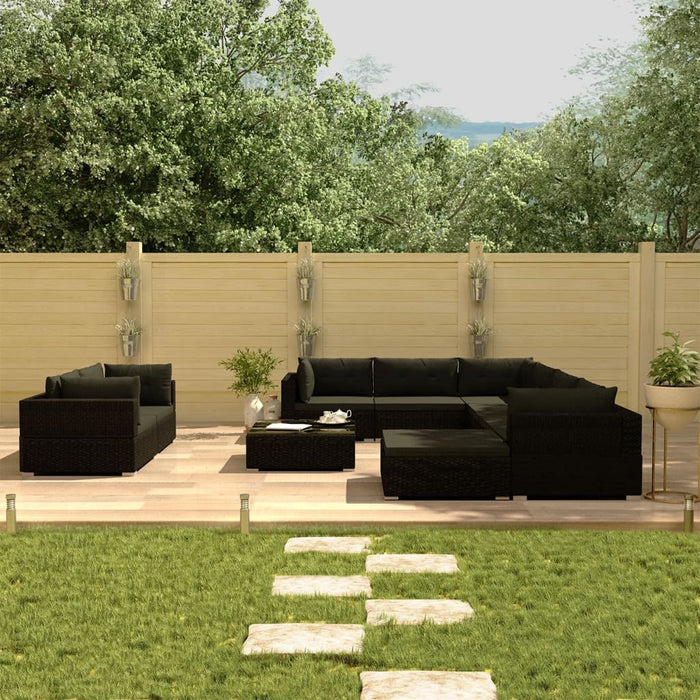 Set mobilier de grădină cu perne, 10 piese, negru, poliratan - WALTI