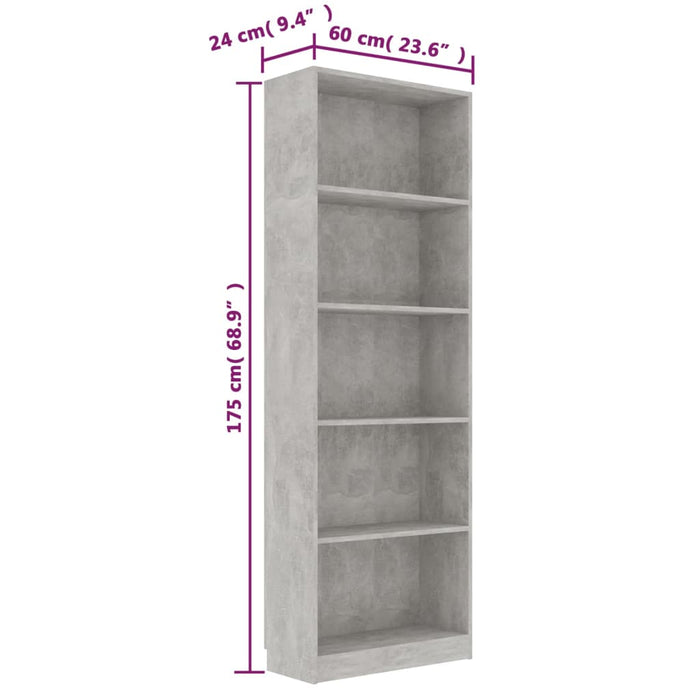 Bibliotecă cu 5 rafturi, gri beton, 60x24x175 cm, PAL - WALTI WALTI