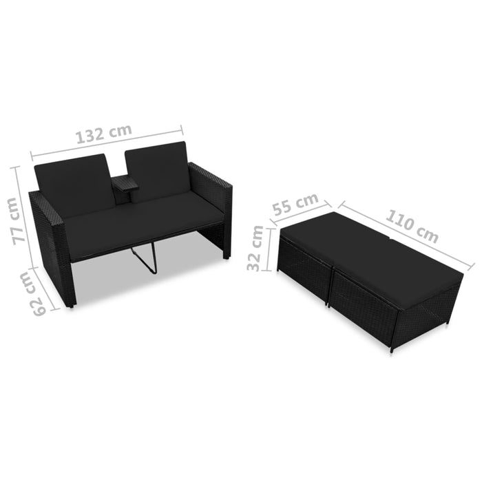 Set mobilier de grădină cu perne, 3 piese, negru, poliratan - WALTI WALTI