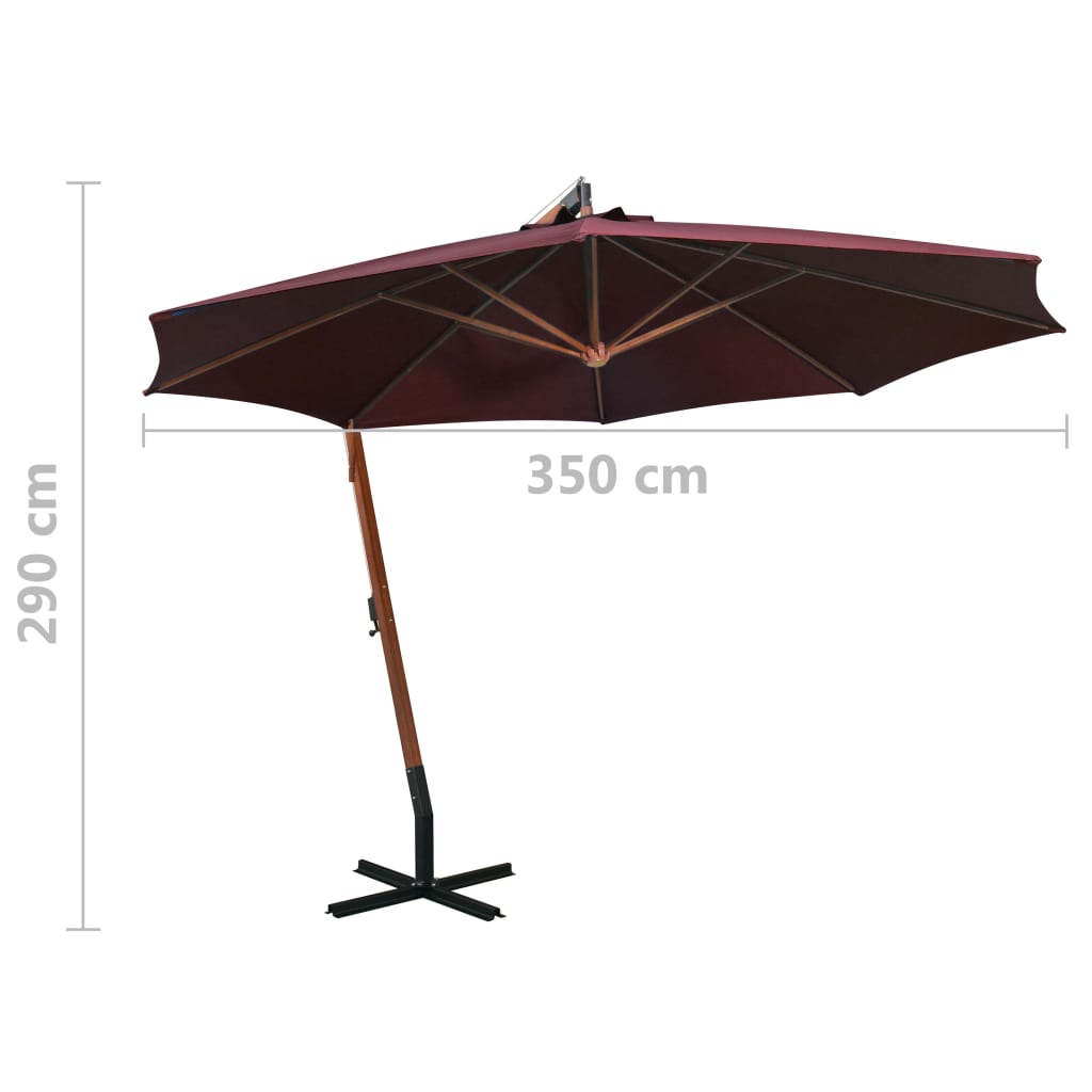 Umbrelă suspendată cu stâlp, roșu bordo, 3,5x2,9 m, lemn brad
