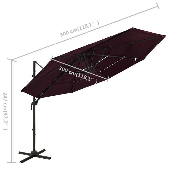 Umbrelă de soare 4 niveluri, stâlp aluminiu, roșu bordo, 3x3 m - WALTI WALTI