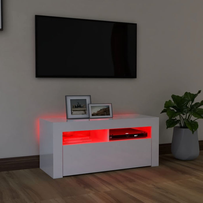 Comodă TV cu lumini LED, alb extralucios, 90x35x40 cm - WALTI WALTI